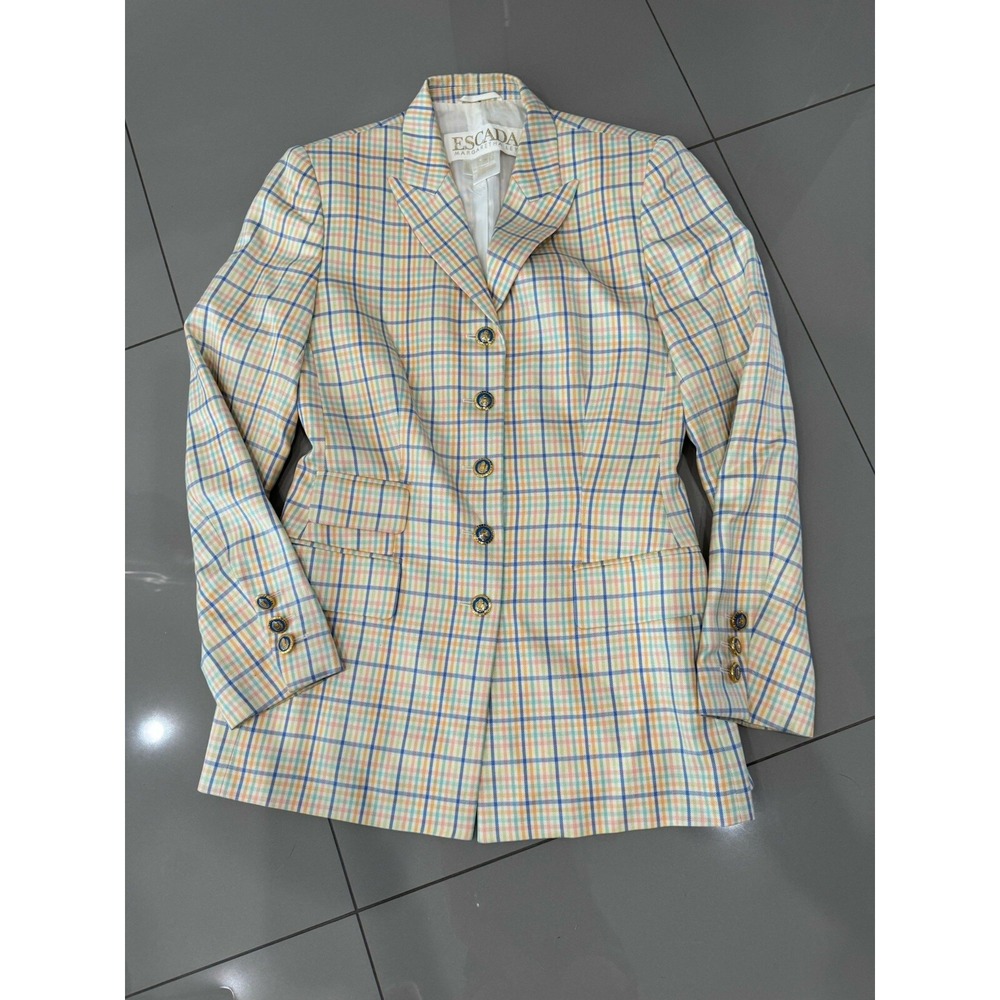 ESCADA VINTAGE LONG BLAZER SILK WOOL IN PINK BLUE ORANGE PLAIDS 36 GERMANY